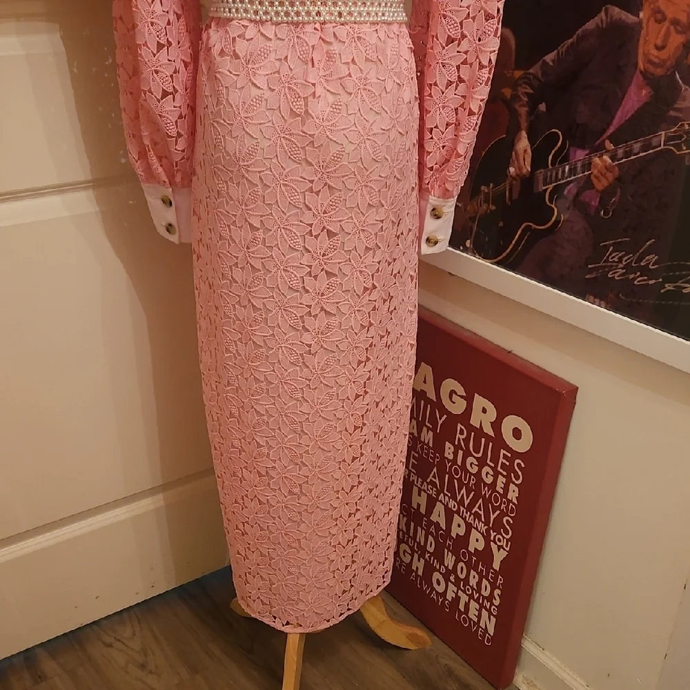 kate spade Pink Lace Long-Sleeve Shirt Dress with White Collar & Pockets - Picture 6 of 7